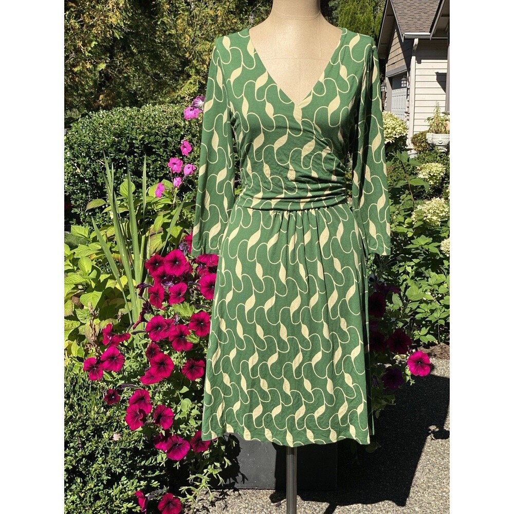 Boden Green and Cream Long Sleeve Dress